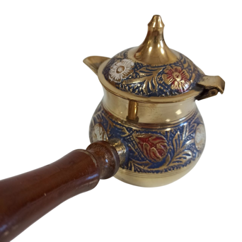 Турка для кофе из латуни, 300 мл, с крышкой и деревянной ручкой, ручная роспись, синяя, Индия